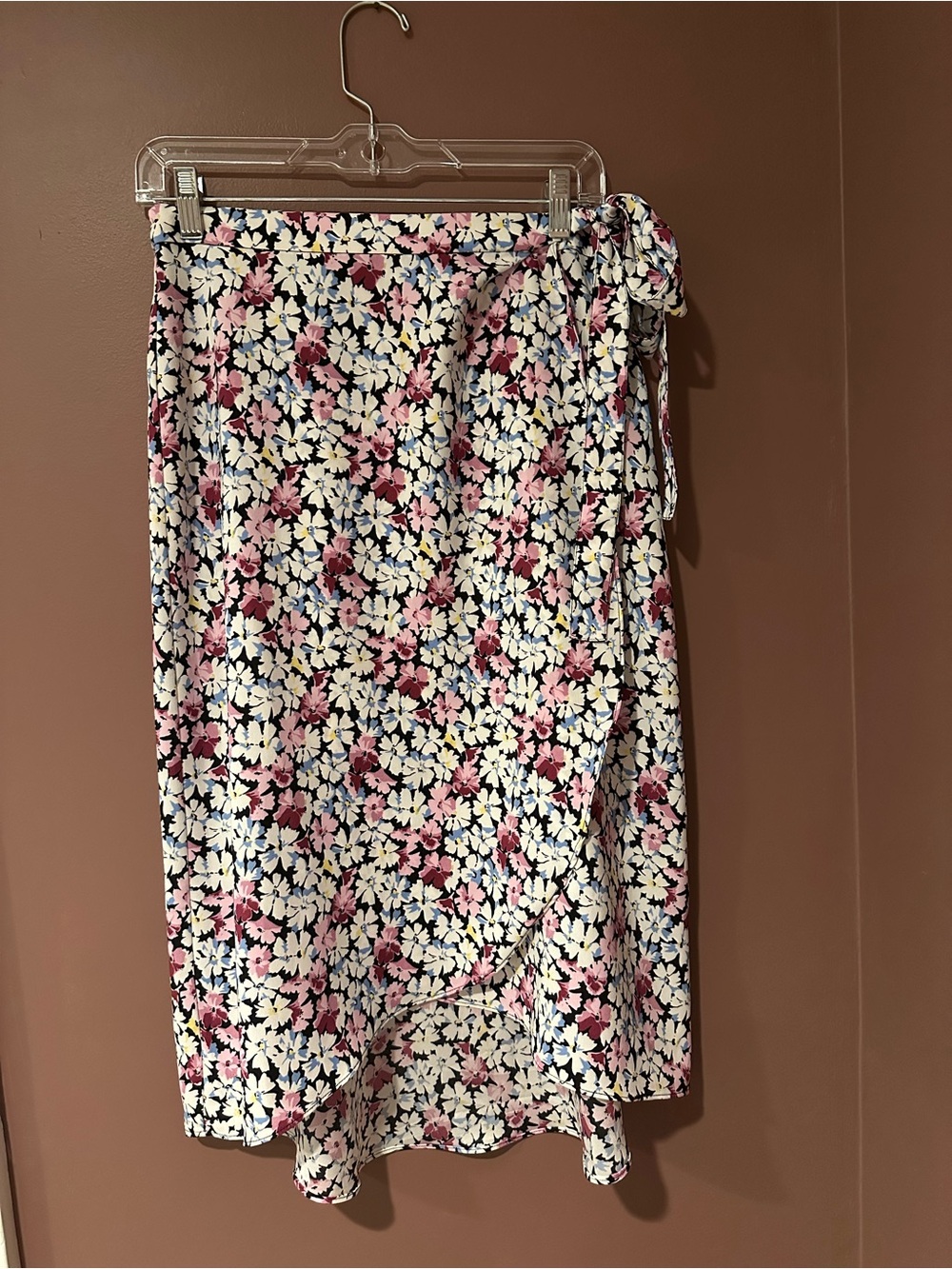 LOFT Pink, White and Navy Floral Wrap Midi Skirt
